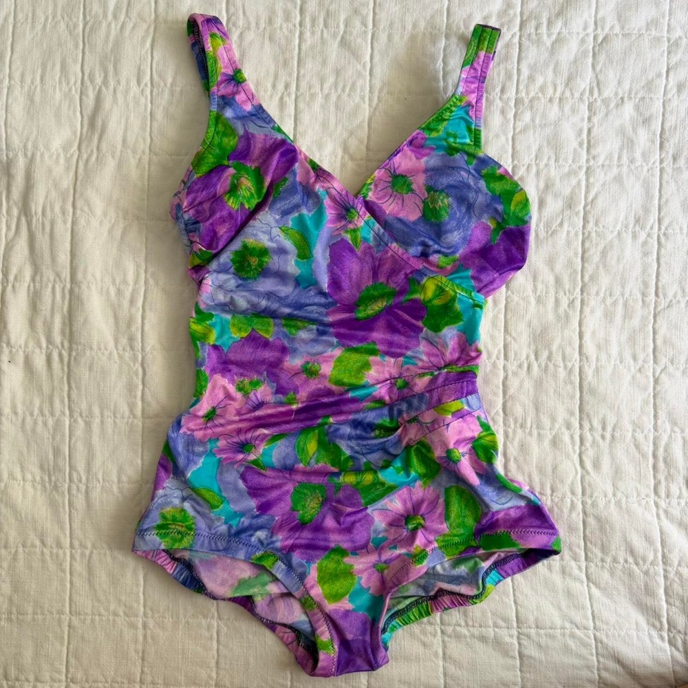 Vintage Roxanne Retro Floral One Piece Swimsuit Purple Blue Green Pinup Medium